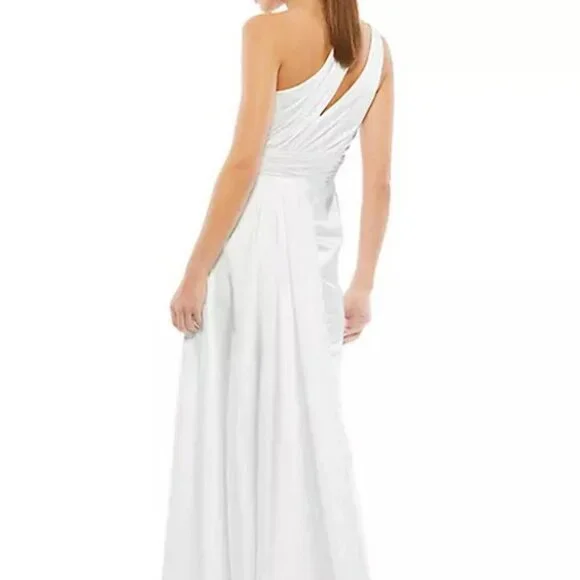 Ieena Mac Duggal White One-Shoulder Faux Wrap Satin Gown
